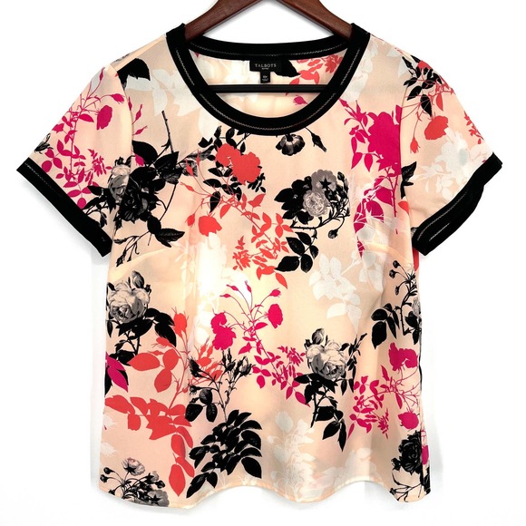 Talbots Tops - Talbots Petites Sz 10P Black Pink Floral Blouse Shirt Top Short Sleeve Business